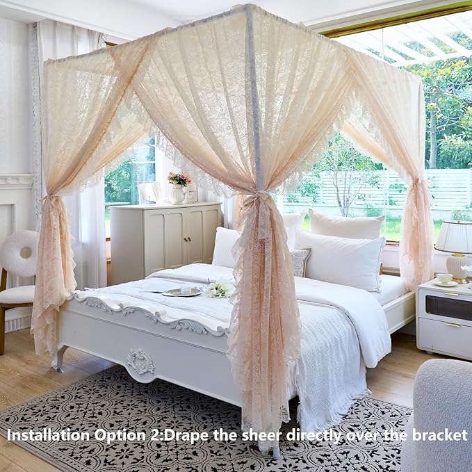 AIKASY Elegant Lace Princess 4-Poster Bed Canopy Mosquito Net - Romantic Wedding Bridal Bedroom Decor, Kids Room Bed Curtain for Women Adults - (Cream-1,King)