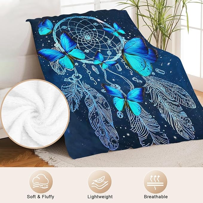 Blue Butterfly Blanket for Womens Girls Dream Catcher Throw Blanket Gifts for Kids Boys Soft Warm Cozy Flannel Blanket for Couch Sofa Bed 40"x50"