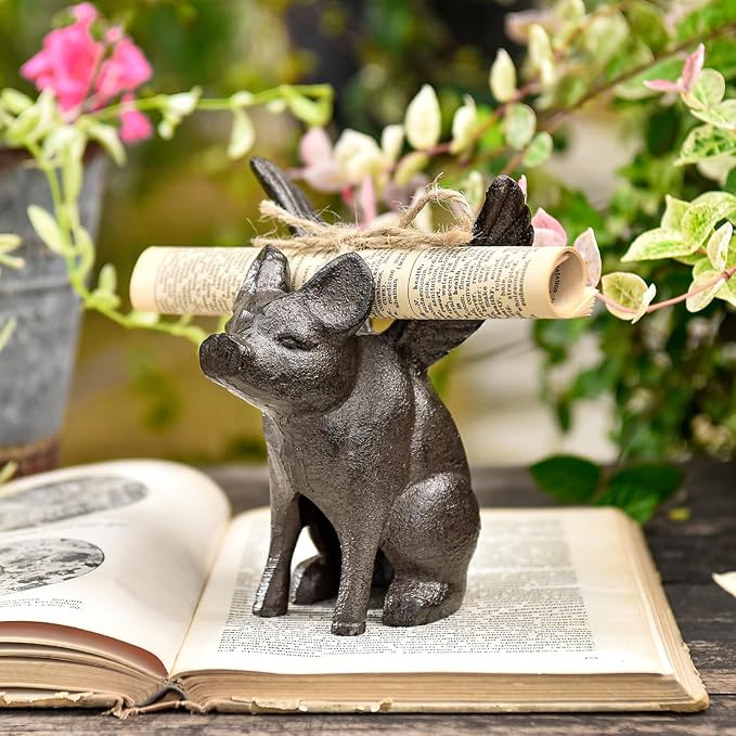 Sungmor Cast Iron Flying Pig Statue, Whimsical Sitting Pig Garden Decorative Statue, Rustic Black Brown Home Office Desk Paperweight Doorstop, Cute Collectible Figurine Bookshelf Ornament