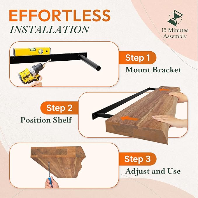 36" Acacia Live Edge Floating Shelves Set of 2 - Wall Mounted Wooden Shelf for Stylish Home Décor - Teak Look Color 36x7.5x1.5 Inches