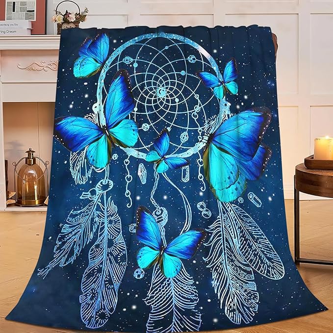 Blue Butterfly Blanket for Womens Girls Dream Catcher Throw Blanket Gifts for Kids Boys Soft Warm Cozy Flannel Blanket for Couch Sofa Bed 40"x50"