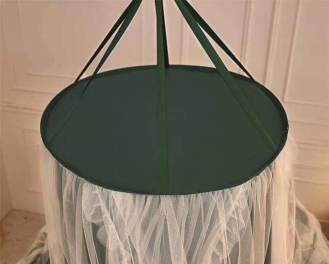 VETHIN Double Layer Princess Round Dome Canopy Bed Curtain for Girls Adults,Children Dreamy Mosquito Net,Cute Bedroom Decoration Castle Play Tent Reading Nook Canopies (Blackish Green/White)