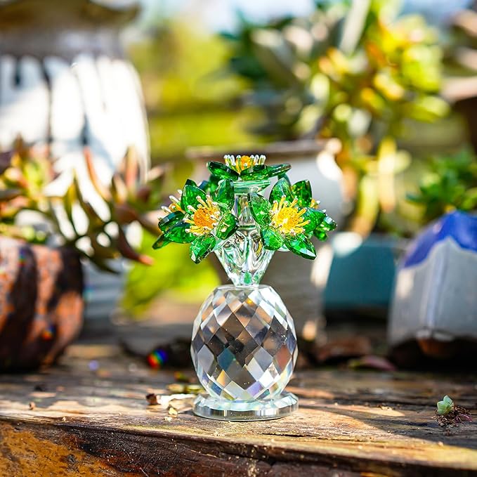 Handcrafted Green Crystal Flower Figurine Christmas Home Decor Elegant Tabletop Centerpiece for Office Desk Unique Gift for Women Mom Wife