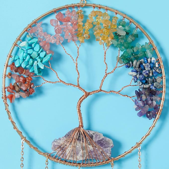 Large Rainbow 5 Agates Gemstone Dream Catcher Tree of Life Chakra Dream Catchers with Healing Crystal Handmade Muti-Colored Dreamcatcher Wall Decor for Adults Boys Girls,Bedroom,Garden,Bless Gift