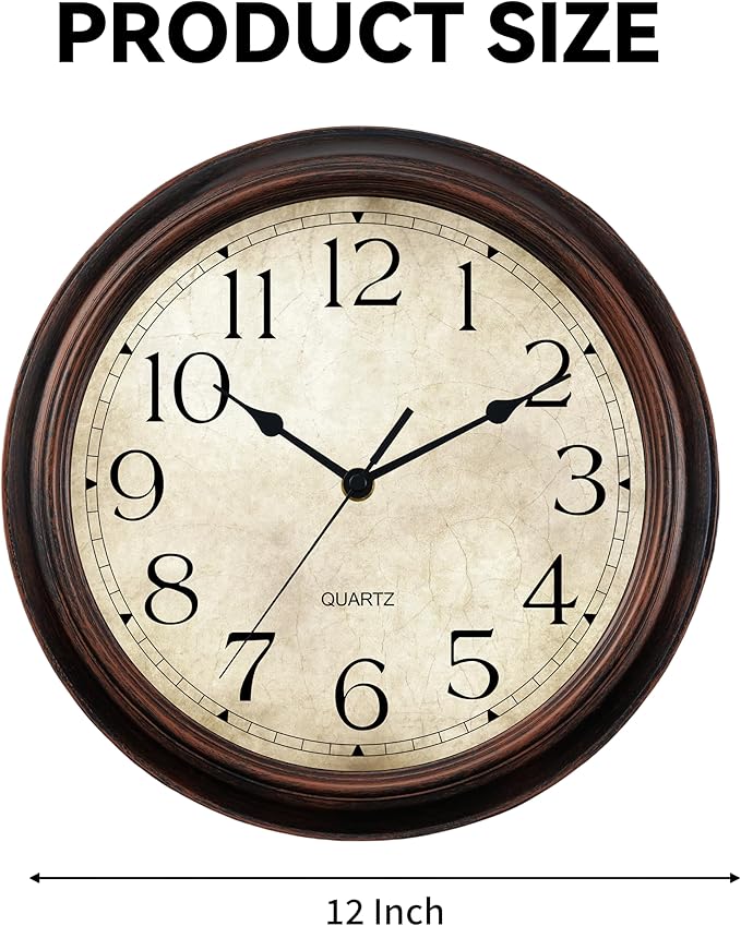12 Inch Wall Clocks Battery Operated Silent Non-Ticking Analog Wall Clock Vintage Retro Rustic Style Decorative for Living Room Kitchen Home Office(Bronze)