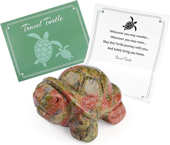 QINJIEJIE Travel Turtle Figurines for Travelers Best Travel Gifts for Women Men Unakite Crystal Healing Crystals Sea Turtle Lovers Office Desk Decor Good Luck Gifts for Traveling Abroad