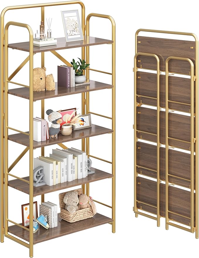 4NM No Assembly Folding Bookshelf, 5 Tiers Collapsible Book Shelves Open Industrial Foldable Storage Bookcase Shelf for Bedroom, Living Room, Home Office - Brown and Gold