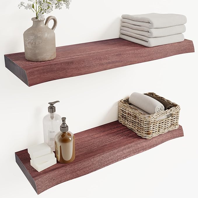 24" Acacia Live Edge Floating Shelves Set of 2 - Wall Mounted Wooden Shelf for Stylish Home Décor - Cherry Color 24x7.5x1.5 Inches