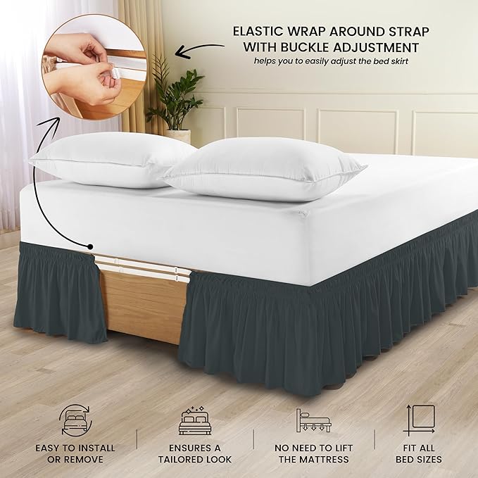 Utopia Bedding Queen Elastic Bed Ruffle - Easy Wrap Around Ruffle - Microfiber Bed Skirt with Adjustable Elastic Belt 16 Inch Tailored Drop - Hotel Quality Bedskirt, Fade Resistant (Queen, Grey)