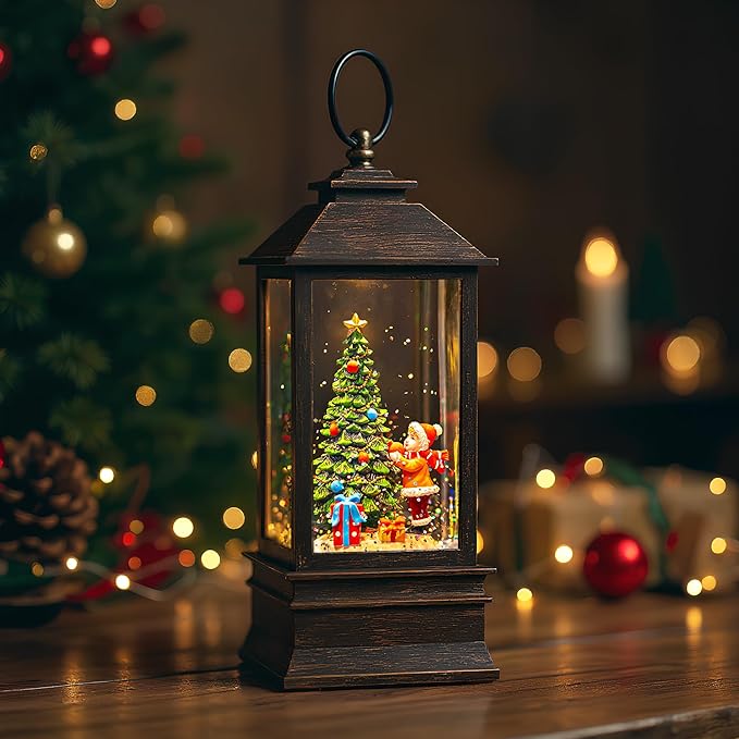 10'' Snow Globe Christmas, Musical Lighted Water Lantern with Swirling Glitter Decoration for Christmas Home, Living Room, Battery Operated or USB Powered (Christmas Tree)