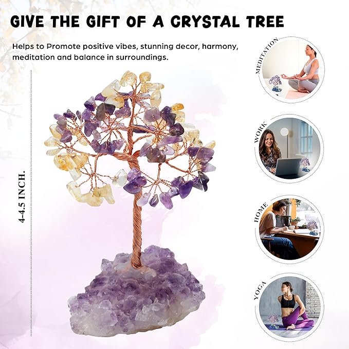 Amethyst & Citrine Crystal Tree with Cluster Base Tree of Life Decor for Shelf, Bedroom, Birthday Gifts for Women, Sister Gift, Birthday Gifts for Mom, Cute Home Office Decor Housewarming Present