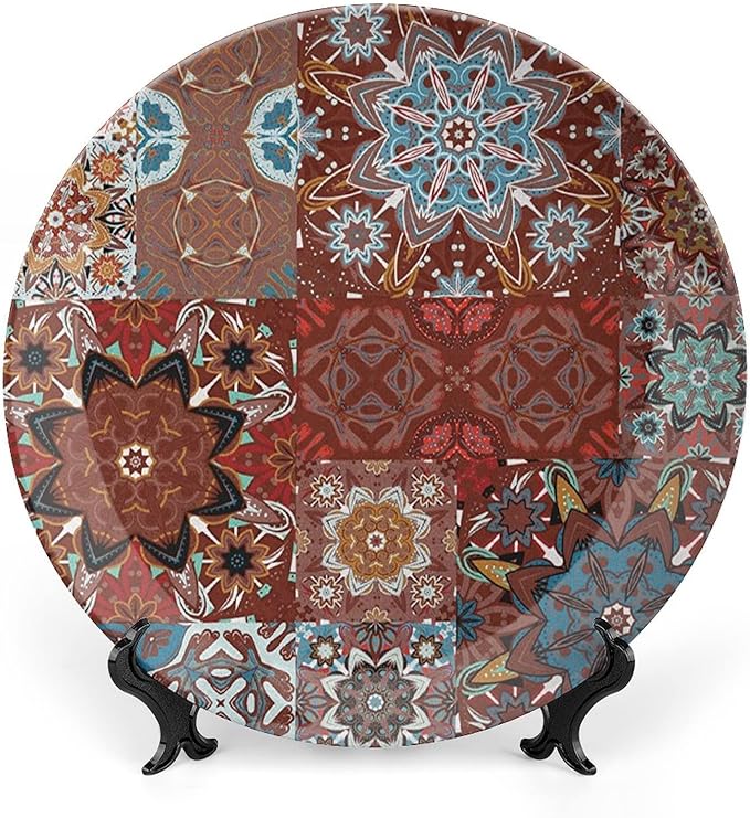 XISUNYA 10 Inch Decorative Plate, Mandala Porcelain Plate, Classic Victorian Floral Authentic Motives Tribal Print Ornament Display Plate Handmade Plate Wedding Gifts, Multicolor