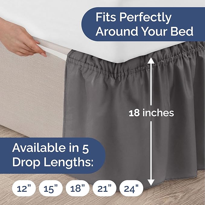 Wrap Around Dust Ruffle Bed Skirt - Dark Grey - for King Size Beds with 18 Inch Drop - Elastic Strap - Adjustable Pleated Bedskirt with Brushed Fabric and Wrinkle Free - for Women, Men, Kids & Teens