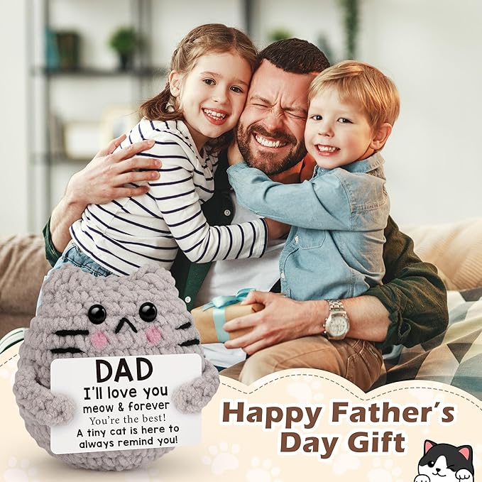 Fathers Day Dad Gifts from Son Daught Wife, Positive Crochet Animal Birthday Gifts for Bonus Dads Step,I Love You Dad Gift Idea,Handmade Emotional Crochet Cat