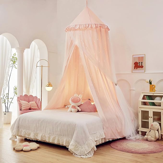 Eimilaly Princess Bed Canopy for Girls, Double Layer Canopy with Cutout Stars, Breathable Dream Canopy & Washable Pink Fabric, Fits Twin/Full Bed - Fairy Bed Tent for Kids Room Decor, Pink