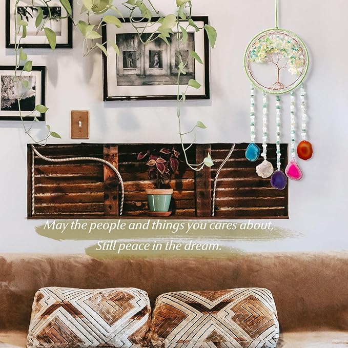 Agate Gemstone Dream Catcher 7 Chakras Sycamore Tree of Life Dream Catcher with Healing Crystal Stones Handmade Dreamcatcher Wall Decor for Adults Boys Girls,Bedroom,Wedding,Garden,Bless Gift