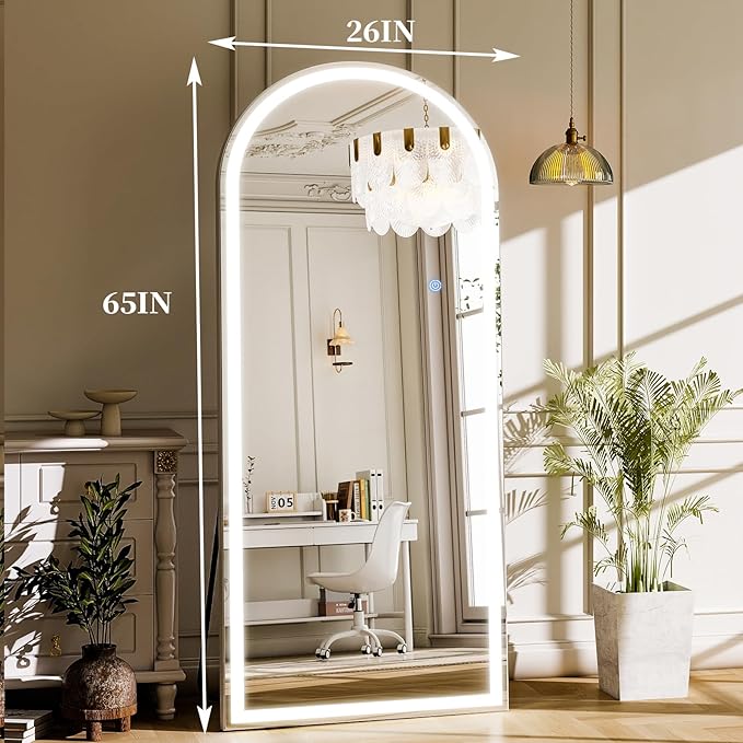 GLSLAND Arched LED Full Length Mirror - 65"x26" Full Body Standing Mirrors with Light for Bedroom/Cloakroom -Dimmable & 3 Color Lighting/Wall Mounted