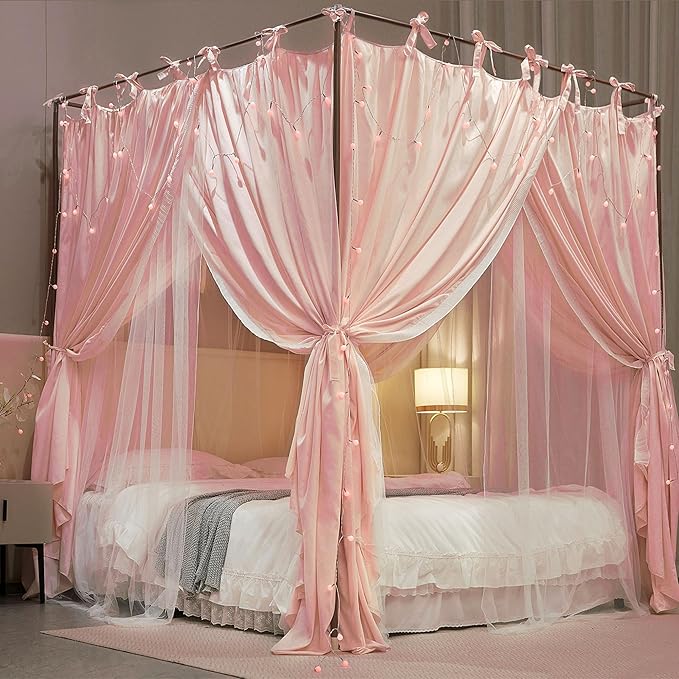 4 Corners Post Princess Curtain Bed Canopy Double Layer Cozy Mosquito Net Mesh and Cloth for Girls Adults Bedroom Decoration (Double-Beigepink/White, 59" W*82" L*82"*H/(Queen))