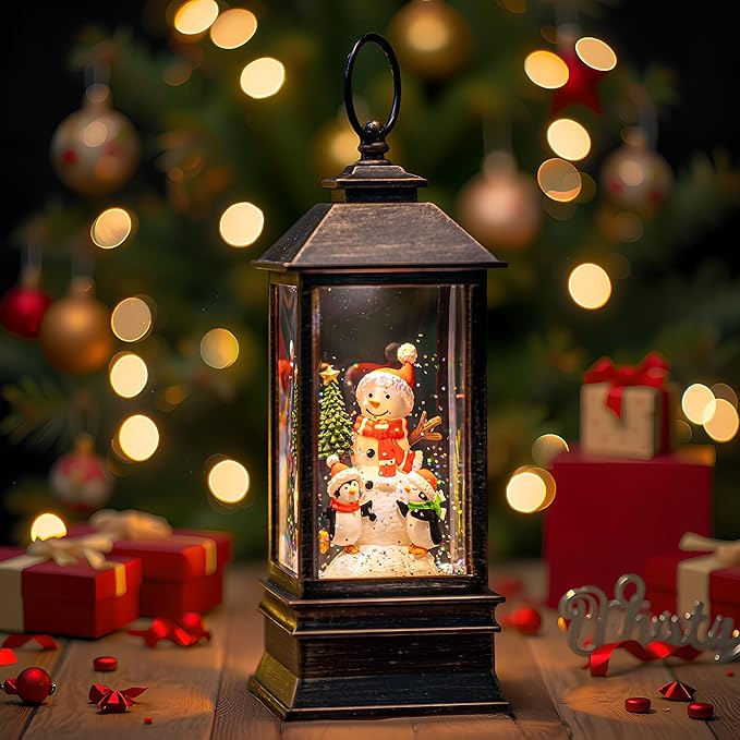 10'' Musical Snow Globe Lantern Lighted Snowman with Penguin Water Lantern Swirling Glittering Home Decoration and Gift, Battery Operated or USB Powered