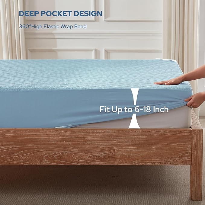 BEDLORE Waterproof Mattress Protector, Cal King Size Mattress Pad with Deep Pocket 6"-20" Depth, Soft Dirt-Proof Double Bed Mattress Cover for Bedroom, College Dorm, Hotel (Sky Blue)