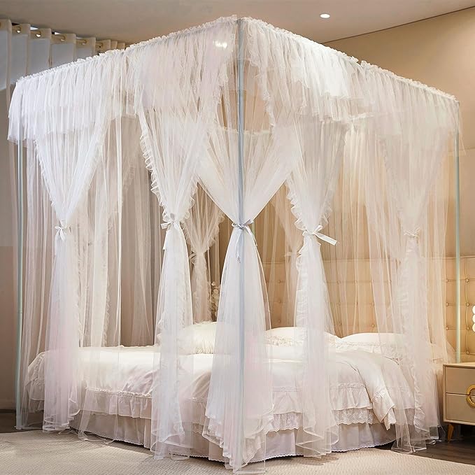 4 Corners Post Princess Curtains Bed Canopy for Girls 8 Panels Curtain- Double Layer Sheer Mesh Canopies Drapes Girls Room Decor (8P-White/White, 4P(27"x82") W+4P(40"x82") L/(Full))