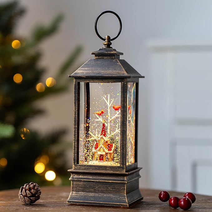 10'' Christmas Snow Globe Lantern Lighted Christmas Village Church Scene Musical Water Lantern with Swirling Glittering Home Decoration and Gift, Battery Operated or USB Powered