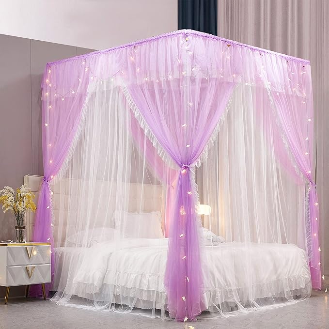VETHIN 4 Corners Post Ruffle Princess Bed Canopy Curtain-Double Layer Cozy Drape Netting 4 Opening Mosquito Net for Girls Adults Bedroom Decoration (Double-Purple, 53" W*78" L*82"*H/(Full))