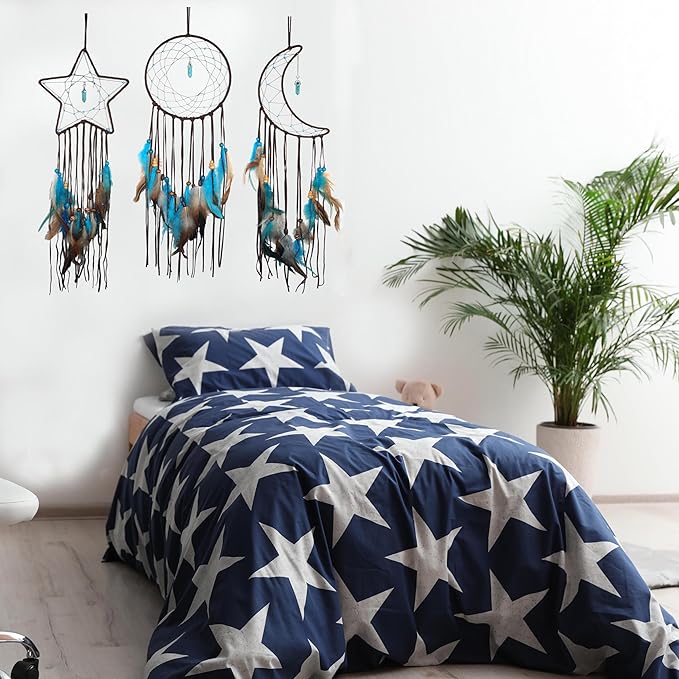 3PCS/LOT Star Moon Sun Shape Dream Catcher Home Decoration, and Baby Kids Room Accessory - Dream Catcher with Feather Decoration - Unique Home Craft Wall Pendant (Brown)