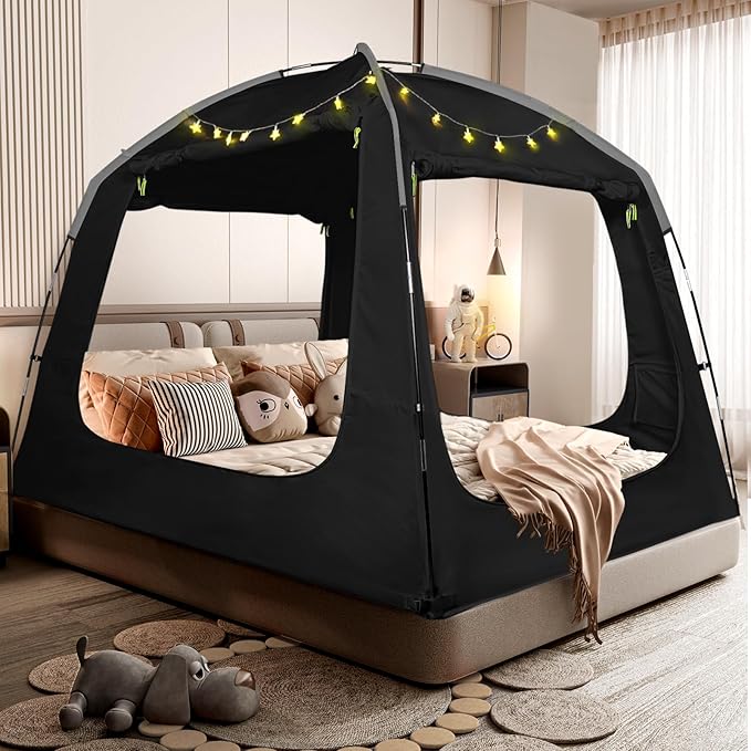 Bed Tent Bed Canopy Breathable 100% for Adult and Kids Light Reduction Sleeping Dream Tents Indoor Portable Big Space with String Light 4 Doors Twin Full Queen King Size