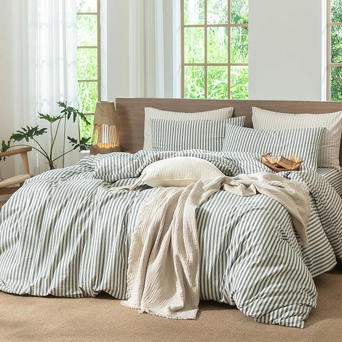 MooMee Striped Duvet Cover Set 100% Washed Cotton Linen Like Textured Breathable Durable Soft Comfy (Heathered Green Classic Stripes, Oversized Full 82"x86")