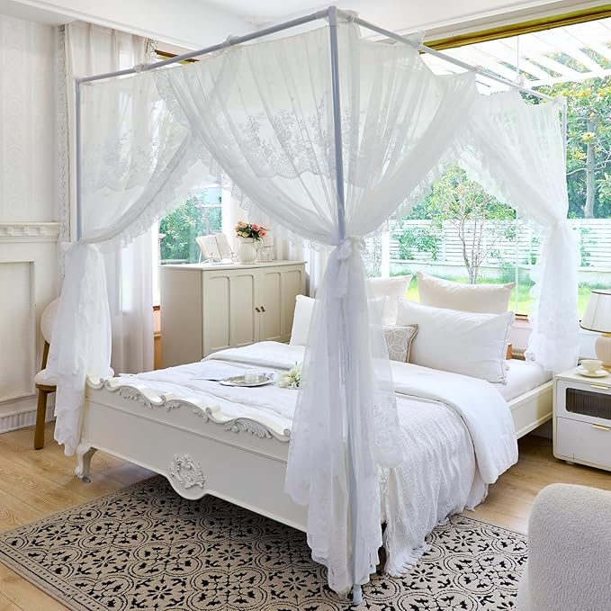 AIKASY Elegant Lace Princess 4-Poster Bed Canopy Mosquito Net - Romantic Wedding Bridal Bedroom Decor, Kids Room Bed Curtain for Women Adults - (White1,Queen)