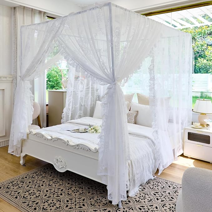 AIKASY Elegant Lace Princess 4-Poster Bed Canopy Mosquito Net - Romantic Wedding Bridal Bedroom Decor, Kids Room Bed Curtain for Women Adults - (White-2,King)