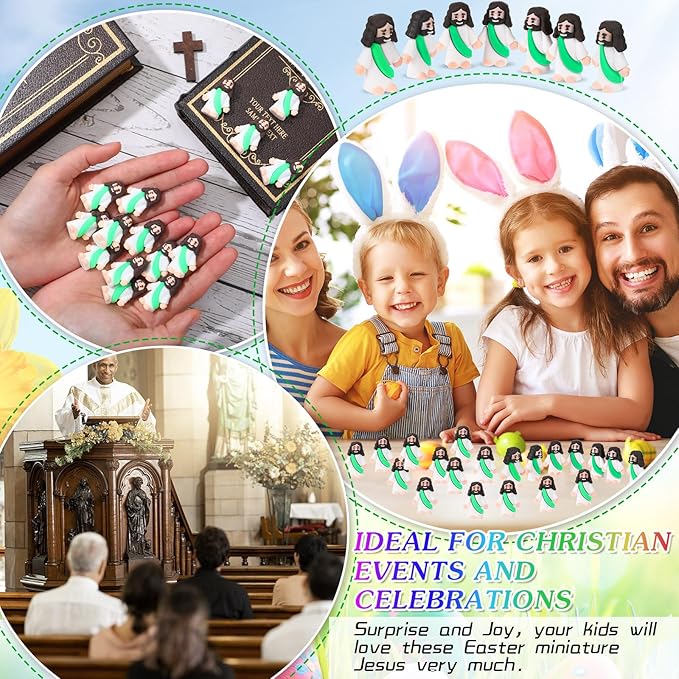 Bememo 100 Pcs Jesus Toys Original Design Mini Rubber Little Jesus Figurine to Hide and Seek Religious Party Favors Sunday School Craft Baptism Gifts for Easter Egg Stuffers(Green)