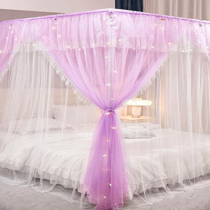 VETHIN 4 Corners Post Ruffle Princess Bed Canopy Curtain-Double Layer Cozy Drape Netting 4 Opening Mosquito Net for Girls Adults Bedroom Decoration (Double-Purple, 53" W*78" L*82"*H/(Full))