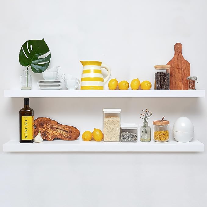 Homeforia White Floating Shelf 48 inches, High End Solid Real Wood 48inch Long Floating Shelves for Wall Mounted, White Wooden 48in Floating Shelves, Heavy Duty Bracket, 48 X 6.5 X 1.75 inch, Set of 2
