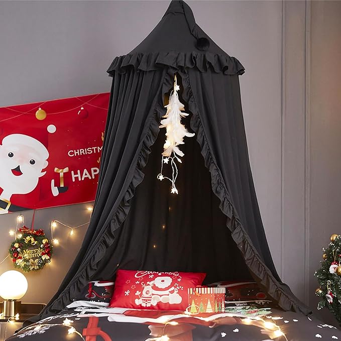 VETHIN Bed Canopy for Girls,Princess Round Dome Dreamy Mosquito Net Bedding Girls Room Castle Play Tent Hanging House Decor Reading Nook Canopies (Black)