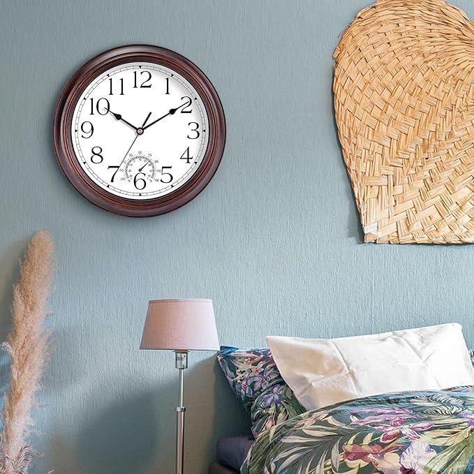 10 Inch Outdoor Wall Clock with Thermometers, Vintage Silent Wall Clocks Battery Operated, Retro Non-Ticking Clock Decorative for Living Room, Patio, Kitchen, Office, Bathroom, Bedroom(Bronze)