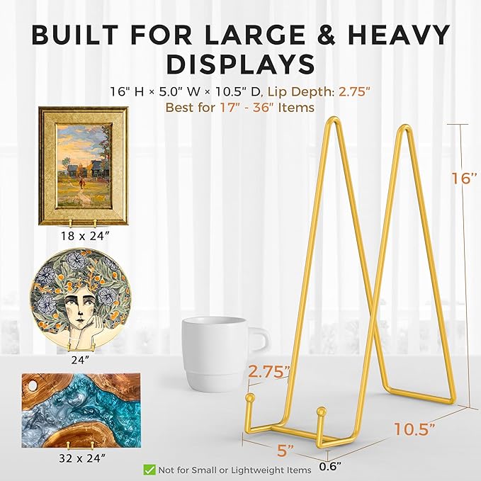 TR-LIFE 16 Inch Gold Metal Plate Stand (2 Pack) - Heavy Duty Display Stand for Extra-Large Plates, Frames, Platters and Art