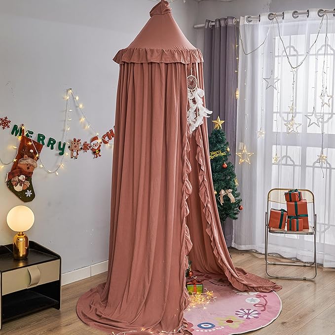 VETHIN Bed Canopy for Girls,Princess Round Dome Dreamy Mosquito Net Bedding Girls Room Castle Play Tent Hanging House Decor Reading Nook Canopies (JujubeRed)