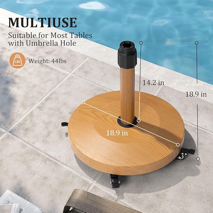 Patio Umbrella Base with 4 Wheels, 44lbs Round Heavy Duty Concrete Stand for Outdoor Market Umbrella, Teak
