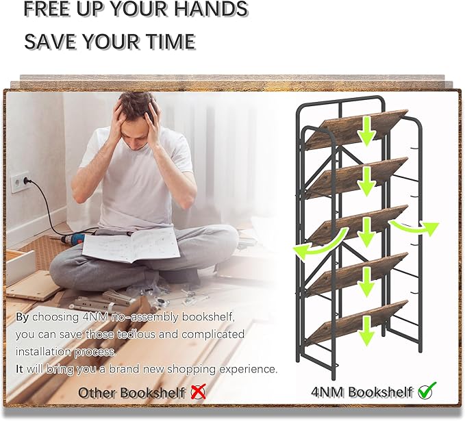 4NM No Assembly Folding Bookshelf, 5 Tiers Collapsible Book Shelves Open Industrial Foldable Storage Bookcase Shelf for Bedroom, Living Room, Home Office - Rustic Brown and Black