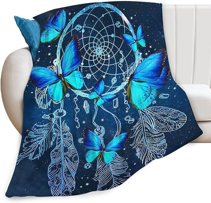 Blue Butterfly Blanket for Womens Girls Dream Catcher Throw Blanket Gifts for Kids Boys Soft Warm Cozy Flannel Blanket for Couch Sofa Bed 60"x80"