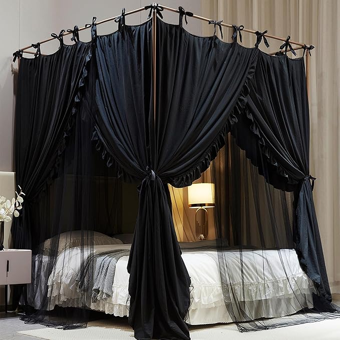 4 Corners Post Princess Curtain Bed Canopy Double Layer Cozy Mosquito Net Mesh and Cloth for Girls Adults Bedroom Decoration (Double-Black/Black, 59" W*82" L*82"*H/(Queen))