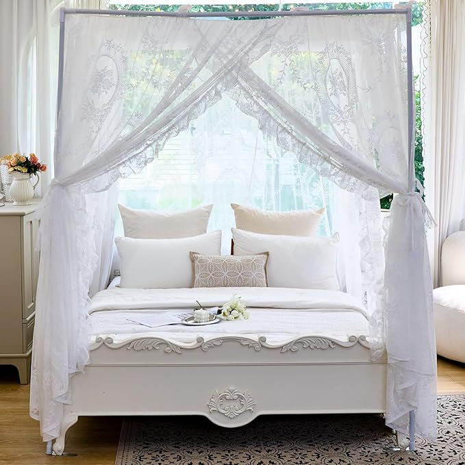 AIKASY Elegant Lace Princess 4-Poster Bed Canopy Mosquito Net - Romantic Wedding Bridal Bedroom Decor, Kids Room Bed Curtain for Women Adults - (White-2,King)