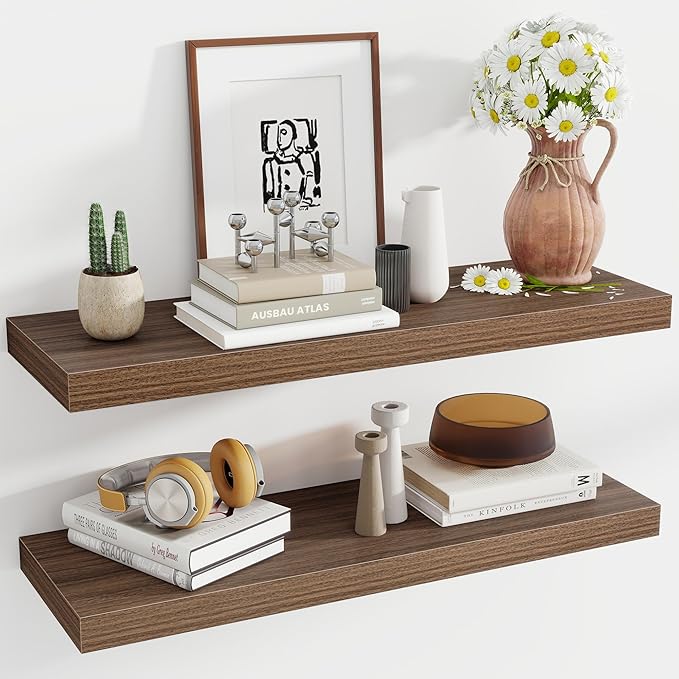 36 Inch Floating Shelves, 12 Inch Deep Floating Shelves for Wall, Floating Shelf with Invisible Brackets, Deep Shelves for Bathroom, Bedroom, Living Room, 2 Pack, Walnut