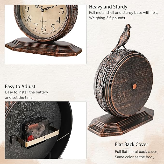 8-Inch Antique Mantel Clocks for Living Room, Retro Table Metal Silent Clocks for Fireplace, Easy to Read Decorative Mantel Clocks with Top Bird for Bedroom, Office, Desktop (Roman Numerals)