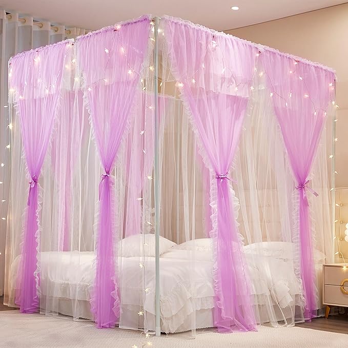 4 Corners Post Princess Curtains Bed Canopy for Girls 8 Panels Curtain- Double Layer Sheer Mesh Canopies Drapes Girls Room Decor (8P-Purple/White, 4P(27"x82") W+4P(40"x82") L/(Full))