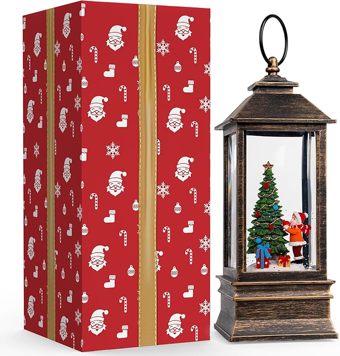 10'' Snow Globe Christmas, Musical Lighted Water Lantern with Swirling Glitter Decoration for Christmas Home, Living Room, Battery Operated or USB Powered (Christmas Tree)