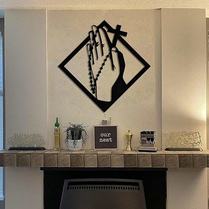 Praying Hands Wall Art Metal, Metal Crosses Wall Decor, Prayer Hands Wall Decor, Wall Crosses for Home Decor, Serenity Prayer Wall Art, Wall Decor Living Room, Wall Decor for Bedroom (35"x35"/90x90cm, Silver)