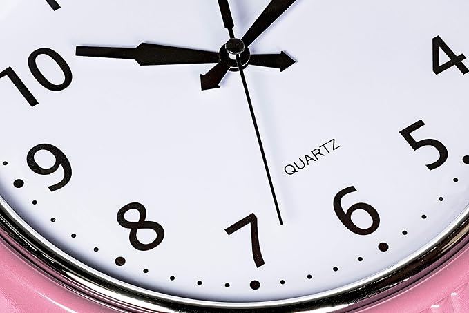 Bernhard Products Retro Wall Clock 12 Inch Pink Kitchen 50's Vintage Design Round Silent Non Ticking Battery Operated Quality Quartz for Home Office Baby Nursery Girls Room Classroom, Easy to Read